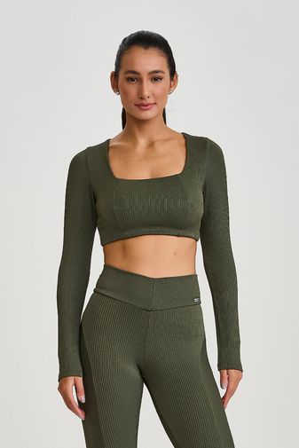 TOP CROPPED MANGA LONGA CANELADO  VERDE CROCO