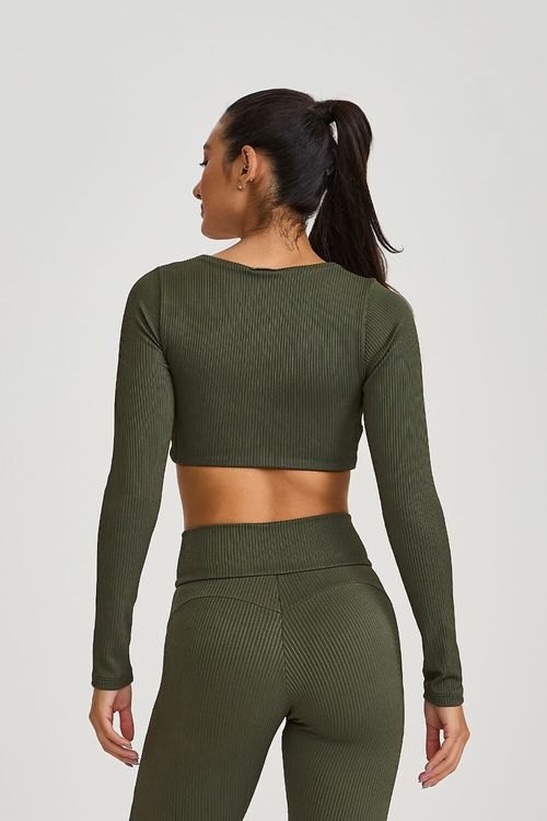 TOP CROPPED MANGA LONGA CANELADO  VERDE CROCO